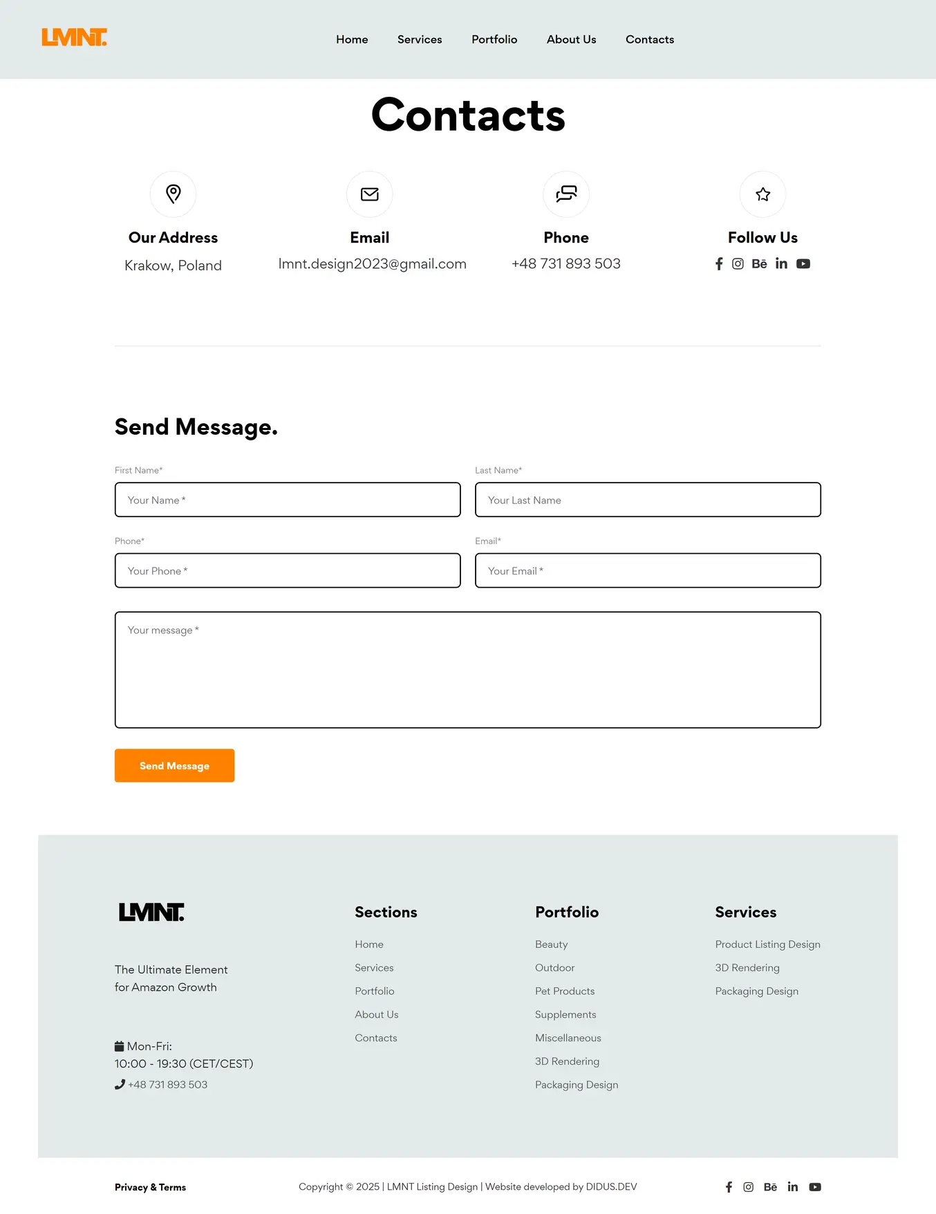 Страница с контактами LMNT Listing Design